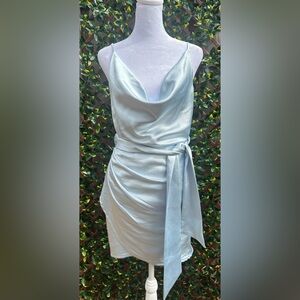 MABLE Baby Blue Satin Wrap Mini Dress – Size Small